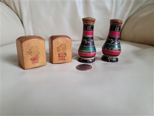 Handcrafted wooden salt and pepper shakers sets table setting Folk Art style kitchen accessories.