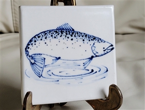 Hand thrown tile Salmon drawing design by Mort
