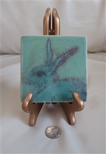 Handmade studio art tile watercolor turquoise copper bunny rabbit home decor signed 2012