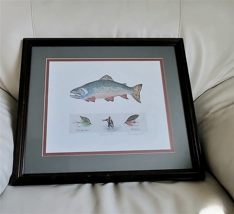 Framed 1990s G.D. Martenott Brook Trout fly fishing art print with neutral cream matting