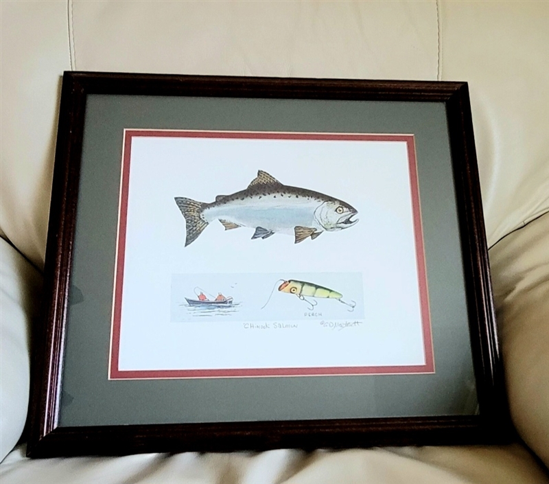 Vintage 1990s G.D. Martenott Chinook Salmon framed art print with red and charcoal matting