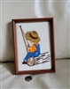 Crewel embroidery fishing boy framed display