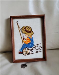 Crewel embroidery fishing boy framed display