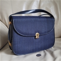 Vintage Guy Laroche Paris navy blue shoulder bag featuring an authentic logo fabric body with genuine leather trim and a gold tone logo emblem