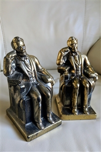 pair of heavy vintage cast metal abraham lincoln seated bookends in antique gold patina
