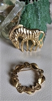 Vintage 1980s Gold Tone Zebra Brooch and Antiqued Floral Wreath Pin Set of 2