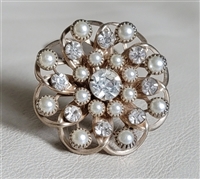 Round elegant brooch with clear beads faux pearls