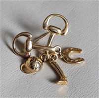 vintage 1980 gold tone equestrian dangle brooch with jockey helmet and boot charms