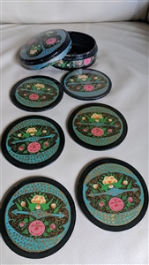 Paper mache six coaster with box and floral design