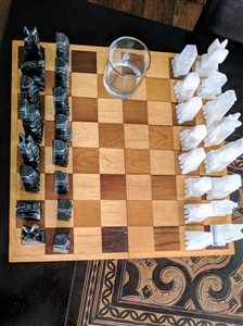 Onyx chess set with a handcrafted wooden board