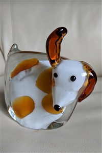 vintage art glass dog figurine paperweight white yellow spotted decor preowned