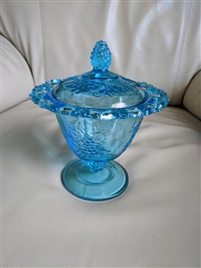 Blue glass grape design ribboned edge serving dish collectible vintage display centerpiece decor