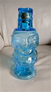Indiana Glass Tiara Blue Jolly Mountaineer decanter with shot glass hat 37 oz vintage ice blue figural barware