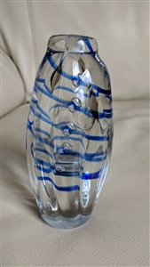 1989 Ann Corcoran Nourot studio art glass blue swirl perfume bottle and bud vase.
