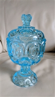 Pristine vintage LE Smith Moon and Stars blue glass pedestal compote with matching lid
