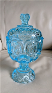 L E Smith blue glass moon and stars compote