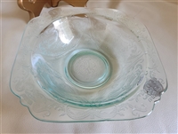 Antique Federal Glass Madrid Blue rim soup bowl featuring an ornate embossed scroll and floral pattern in light blue depression glass