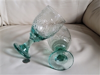 Set of two fruit embossed aqua green water goblets