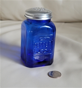 Cobalt blue glass pepper shaker embossed words aluminum lid