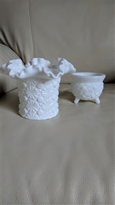 Fenton milk glass crimped top hot vase and bowl