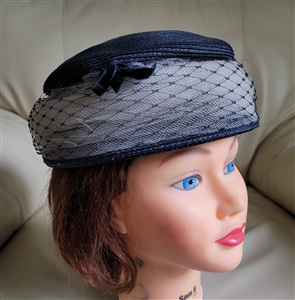 Vintage elegant pillbox hat in navy blue color