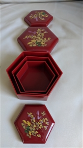 Vintage Lucite set of 3 burgundy boxes floral lid