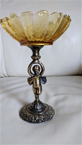 Metal winged cherub pedestal stand with glass top