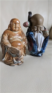 Shiwan Longevity Man and Japanese Buddha figurines