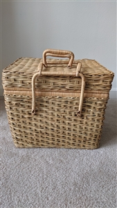 Vintage mid century woven rattan square picnic basket with solid lid and double snapping handles