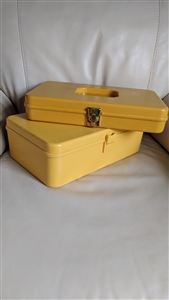 Set of two 1970s vintage yellow Wilson Wil hold sewing craft boxes with spool posts and handles