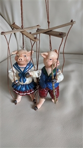 Two pigs marionette string puppets ornaments decor