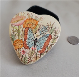 Vintage Kashmir sign paper mache butterflies decorated heart storage box