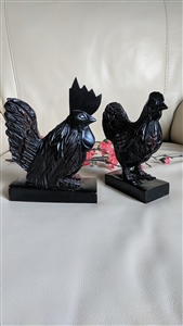 vintage light wood folk art rooster and hen bookends
