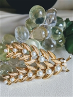 Gold tone double leaves branches faux pearl brooch