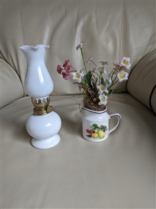 Milk glass oil lamp porcelain pitcher cup vase