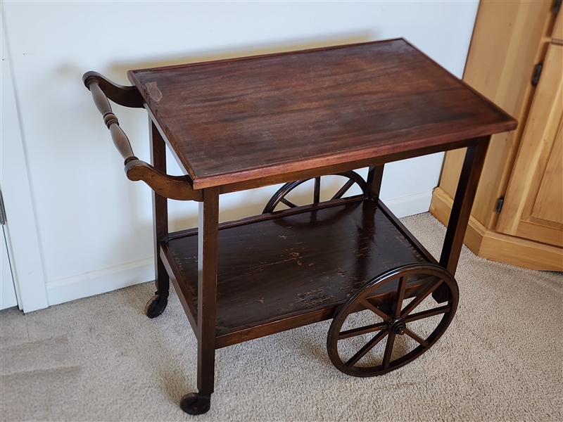 Antique Stickley Brothers Quaint Furniture Mission Oak bar cart on wheels 1910 with top shelf wear local pickup only