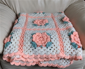 Hand Crochet vintage blanket throw 3D rose design