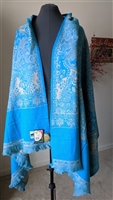 Two sided wool shawl wrap in turquoise beige color