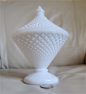 Westmoreland white milk glass round candy dish with sharp diamond point pattern on a pedestal base with matching round pointed lid