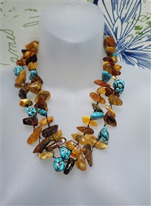 Vintage Baltic Amber and Turquoise stones layered necklace, beautiful women's jewelry.