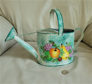 Metal watering can with fruit hand painted decor