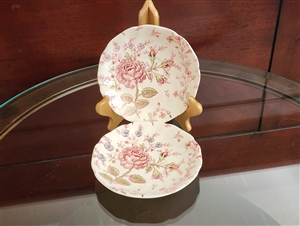 Rose Chintz Pink by Johnson Bros England set of two porcelain saucers with pink roses