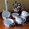 LOMONOSOV factory Russian porcelain set of 6 teacups and creamer in red rose and geometrical accents beautiful design.