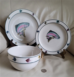 FolkCraft stoneware bowl and plates Rainbow Trout
