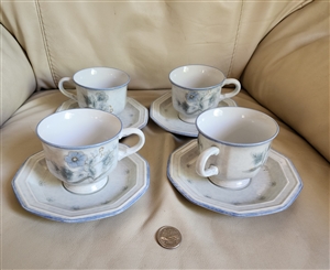 AVANTE BLUE by Mikasa porcelain set of 4 teacups and saucers, Japan.