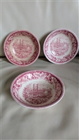 On the Mississippi Currier and Ives bowls red porcelain bowls in pink and white colors vintage condition