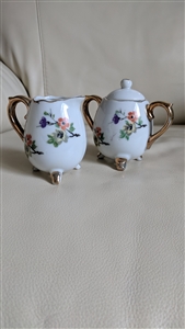 Enesco small creamer and sugar bowl gold trim