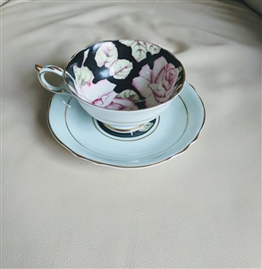 Rose medallions on blue Paragon teacup saucer