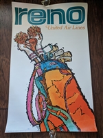 Original 1969 United Air Lines Reno travel poster by James Jebavy featuring psychedelic golf bag art mid-century modern