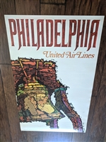 Original 1968 United Air Lines Philadelphia travel poster by James Jebavy featuring Liberty Bell psychedelic art